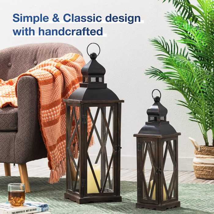Glitzhome 2 Pack Farmhouse Wood/Metal Decorative Candle Lanterns Vintage Hanging Lantern for Patio - Tabletop, Black (No Glass) - Image 2