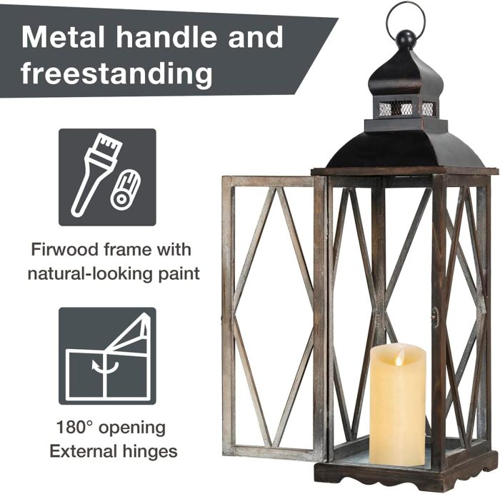 Glitzhome 2 Pack Farmhouse Wood/Metal Decorative Candle Lanterns Vintage Hanging Lantern for Patio - Tabletop, Black (No Glass) - Image 3