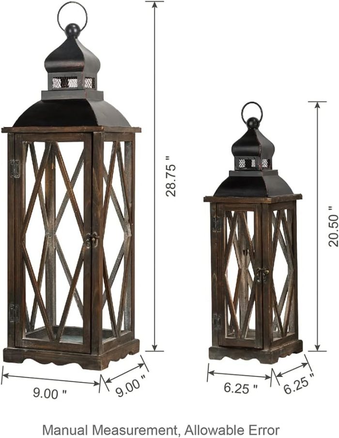 Glitzhome 2 Pack Farmhouse Wood/Metal Decorative Candle Lanterns Vintage Hanging Lantern for Patio - Tabletop, Black (No Glass) - Image 4