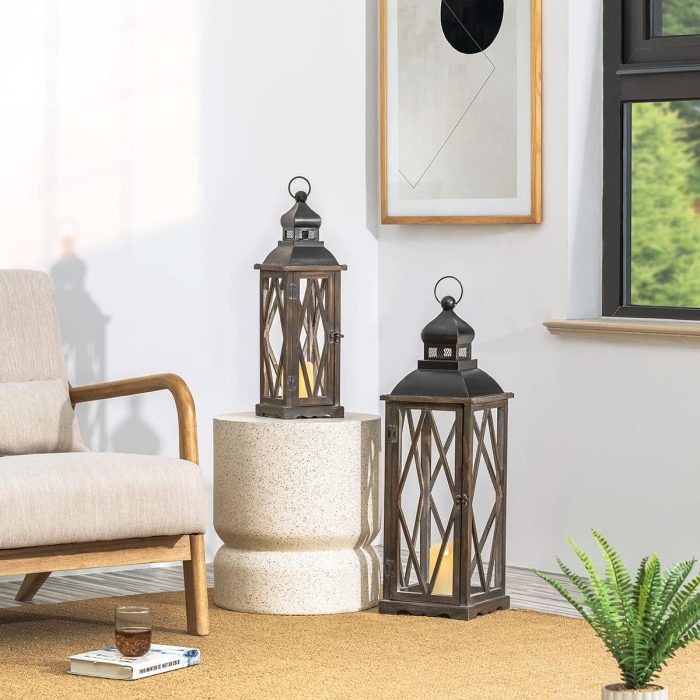 Glitzhome 2 Pack Farmhouse Wood/Metal Decorative Candle Lanterns Vintage Hanging Lantern for Patio - Tabletop, Black (No Glass) - Image 5