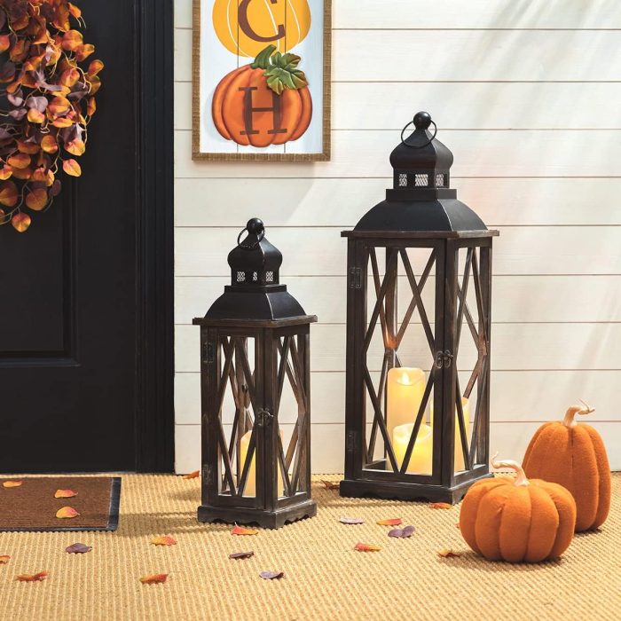 Glitzhome 2 Pack Farmhouse Wood/Metal Decorative Candle Lanterns Vintage Hanging Lantern for Patio - Tabletop, Black (No Glass) - Image 6
