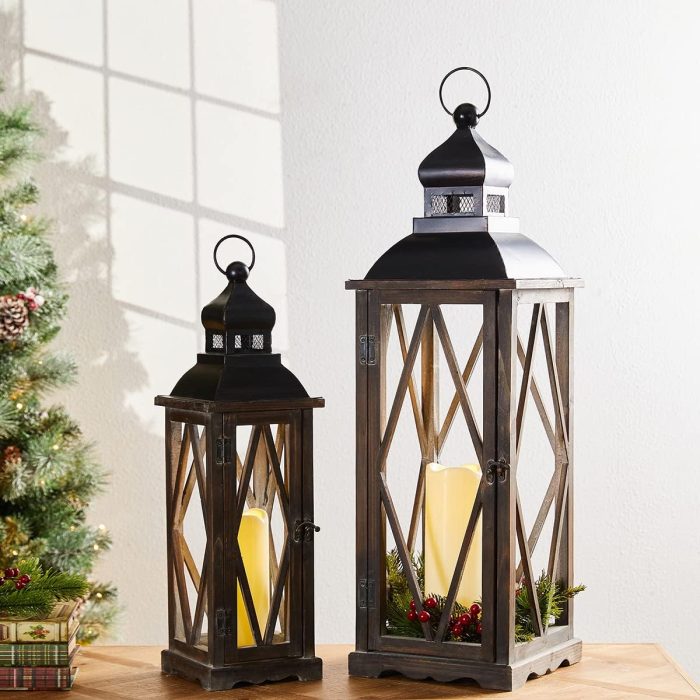 Glitzhome 2 Pack Farmhouse Wood/Metal Decorative Candle Lanterns Vintage Hanging Lantern for Patio - Tabletop, Black (No Glass) - Image 7