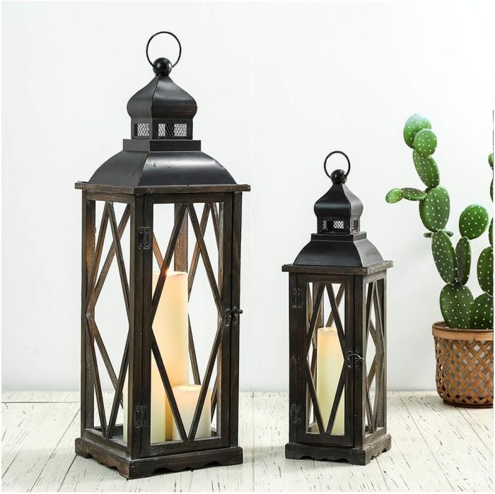 Glitzhome 2 Pack Farmhouse Wood/Metal Decorative Candle Lanterns Vintage Hanging Lantern for Patio - Tabletop, Black (No Glass) - Image 8