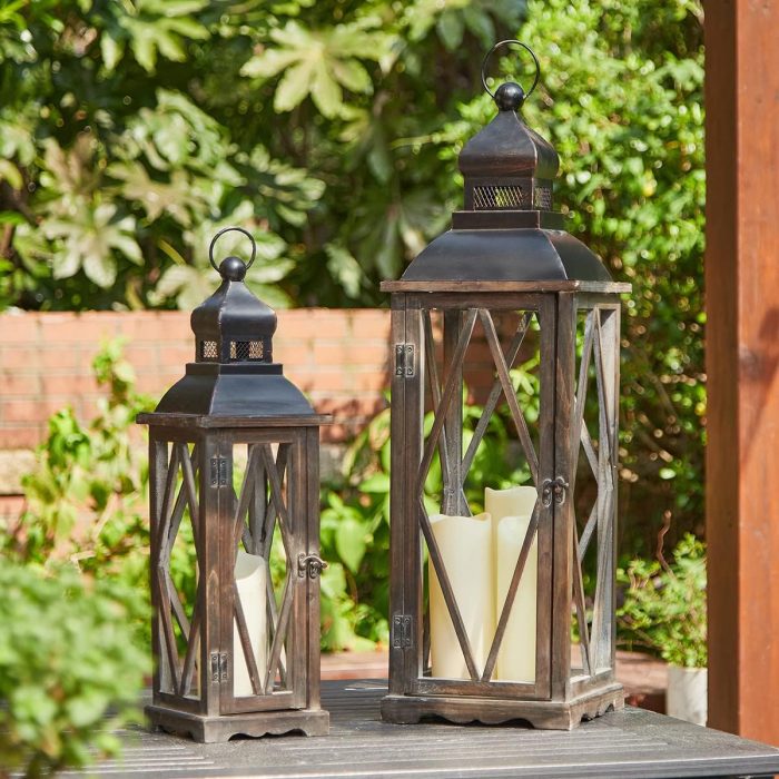 Glitzhome 2 Pack Farmhouse Wood/Metal Decorative Candle Lanterns Vintage Hanging Lantern for Patio - Tabletop, Black (No Glass) - Image 9