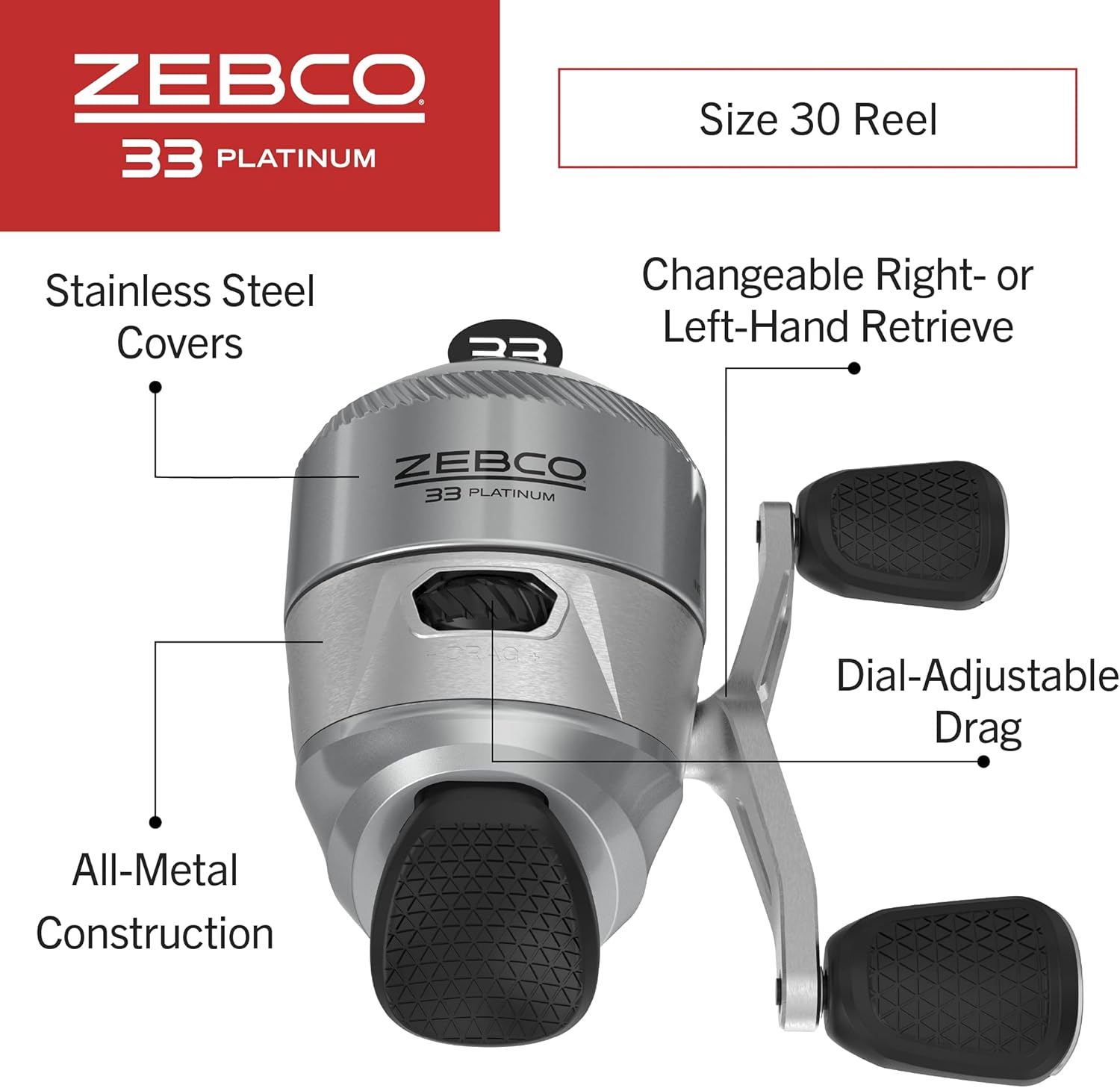 Zebco 33 Platinum Spincast Fishing Reel, Size 30 Reel, Right or Left-Hand Retrieve, 4.7:1 Gear Ratio, Pre-spooled with 10 lb Zebco Cajun Line, Silver - Image 2