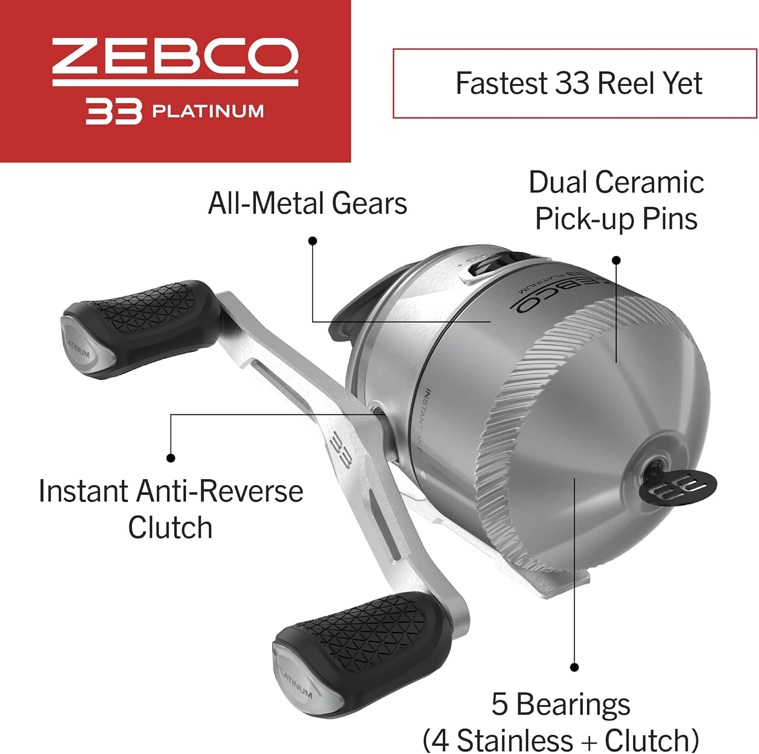Zebco 33 Platinum Spincast Fishing Reel, Size 30 Reel, Right or Left-Hand Retrieve, 4.7:1 Gear Ratio, Pre-spooled with 10 lb Zebco Cajun Line, Silver - Image 3